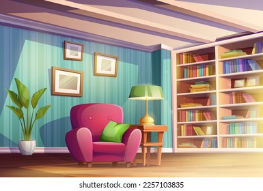 Cartoon vector illustration. Cosy home living room or cabinet with place for reading books. Library with book shelves, chair and lamp.