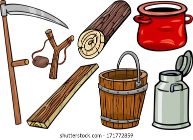 Cartoon Vector Illustration of Country Retro and Obsolete Objects Clip Art Set