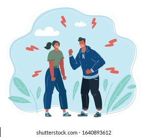 Cartoon vector illustration of Cartoon Couple angry at each other. Isolated on blue. Man and woman make conflict