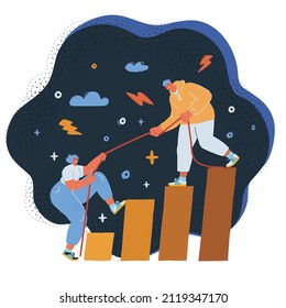 Cartoon vector illustration of Couple Balancing at High Level. Man hel woma get better. Character over dark backround.