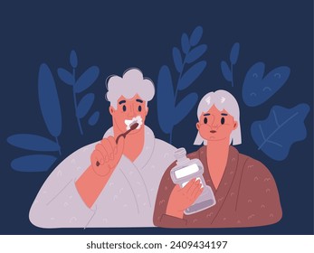 Cartoon vector illustration of Couple brushing teeth together over dark backround