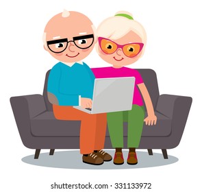 Cartoon vector illustration couple cheerful senior people web surfing on internet with tablet/Couple cheerful senior people web surfing on internet with tablet/Cartoon vector illustration