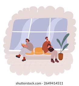 Cartoon vector illustration of couple with face masks sitting in a waiting room of a hospital together with a young and mature man