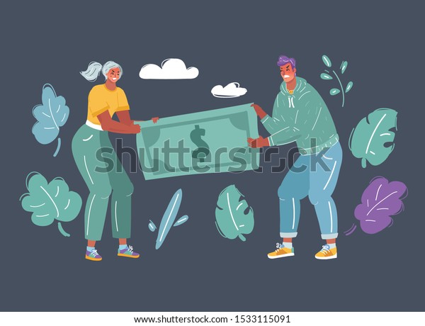 Cartoon vector illustration of couple fighting\
over big dollar. Man and woman can\'t divide money concept. Human\
characters on dark\
backgound.