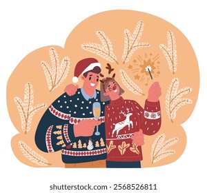 Cartoon vector illustration of couple friends having fun with sparklers. Man and woman celebrate Merry Christmas and Happy New Year.