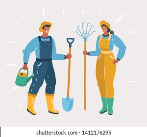 Cartoon vector illustration of couple gardening in the backyard garden together to work. Female and male character on white background. Shovel and rake in their hands.