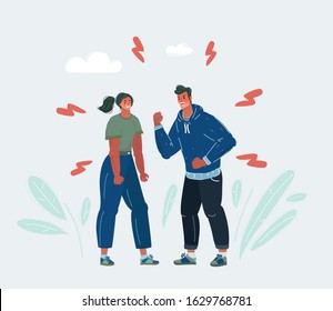 Cartoon vector illustration of couple get angry at each other. Human aggression, anger, and psychological problems