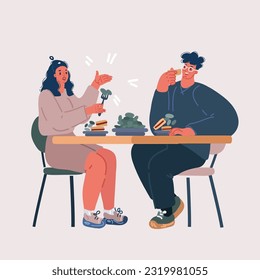 Cartoon vector illustration of couple have lunch and talking. Make conversation. Two coworkers or friends meeting.