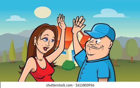 cartoon vector illustration of a couple high fiving