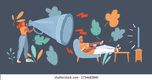Cartoon vector illustration of couple at home Man relaxing watching tv, woman with megaphone try to get her husband. Communication problem concept.