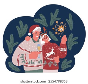 Cartoon vector illustration of Couple couple laughing and having fun while snow falls near christmas trees. Winter holidays. Love story of young couple wearing pullovers. Happy man and young wom