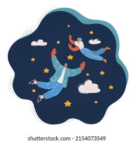 Cartoon vector illustration of couple in love flying at night through the starry sky