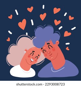 Cartoon vector illustration of Couple in love. Two happy hearts swinging. Hand Drawn Lettering "Love is in the Air". Valentine's Day over dark backround