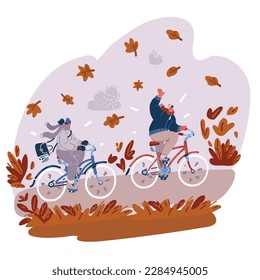 Cartoon vector illustration of Couple. Man and woman ride a bicycle in warm clothing in fall