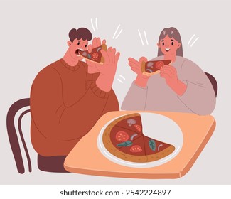 Ilustração do vetor de desenhos animados do casal homem e mulher comendo pizza juntos