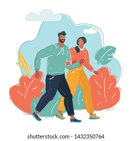 Cartoon vector illustration of a couple of men and women walking together in the park.