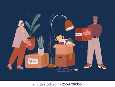 Cartoon vector illustration of couple moving to new apartment, standing together over white wall with big paper boxes full of their belongings, copy space, full length shot. Moving, relocation, real e