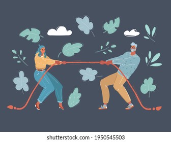 Cartoon vector illustration of couple quarrel, tug-of-war. Man and Woman are fighting each other