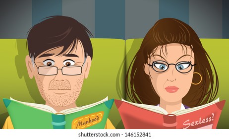cartoon vector illustration of a couple reading books