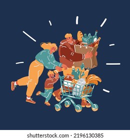 Cartoon vector illustration of Couple with son shopping at supermarket scene. Man and woman buying milk products in grocery store. Family daily routine, retail and sales concept over dark backround