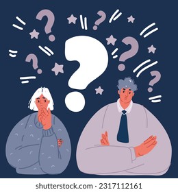Cartoon vector illustration of Couple thinking. Confused people, doubt girl man with question marks. Questionable person, thoughtful over dark background