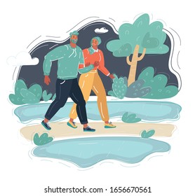 Cartoon vector illustration of a couple walking in the park.