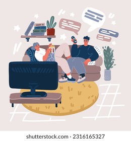 Cartoon vector illustration of couple watching tv together