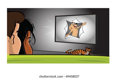 cartoon vector illustration couple watching TV