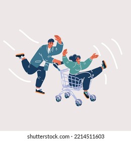 Cartoon vector illustration of Couple of young people riding by shopping trolley. Having fun.