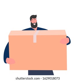Cartoon vector illustration of the courier brought big parcel