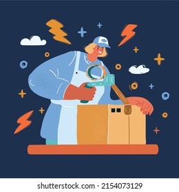 Cartoon vector illustration of courier delivery services holding large cardboard box. Packaging for delivery of the goods over dark backround.