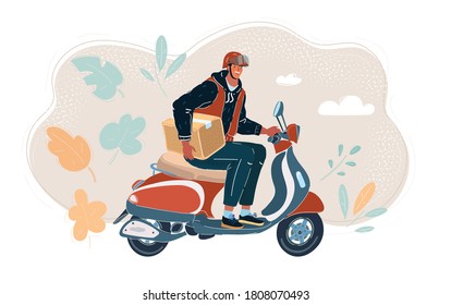 Cartoon vector illustration of courier ride scooter. Man in helmet riding classic moped with box. Fast delivery concept.