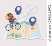 Cartoon vector illustration of courier riding bike deliver service, delivery tracking, pin location point marker of shipment. Product shipping out from world map. Paper map navigation