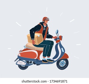 Cartoon vector illustration of courier is riding in his scooter. Holding his box package on white background.