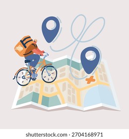 Cartoon vector illustration of courier riding bike deliver service, delivery tracking, pin location point marker of shipment. Product shipping out from world map. Paper map navigation