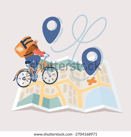 Cartoon vector illustration of courier riding bike deliver service, delivery tracking, pin location point marker of shipment. Product shipping out from world map. Paper map navigation