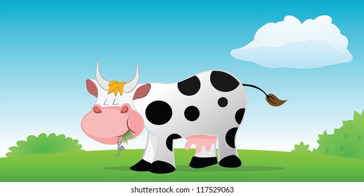 cartoon vector illustration of a cow eating