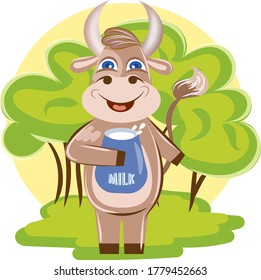 Cartoon vector illustration with a cow in a meadow. The hero in the picture holds a jug of milk.
