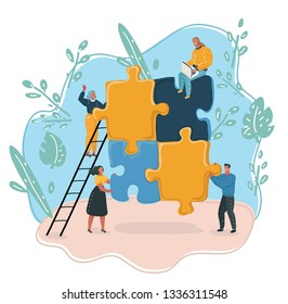 Cartoon vector illustration of coworkers holding pieces of puzzle, people searching and finding solution. Team building, teamwork and support concept.