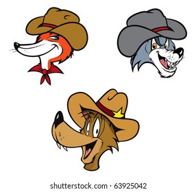 Cartoon Vector Illustration Of Coyote, Fox, Wolf Cowboys