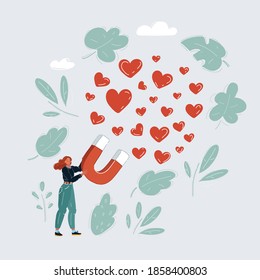 Cartoon vector illustration of Creative abstract relationship concept: woman with horseshoe magnet in her hands with red hearts, likes isolated on white background