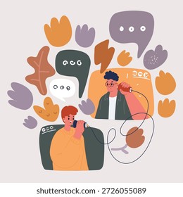 Cartoon vector illustration of Creative abstract template collage of funny couple white visual effect talking sms empty space isolated beige color background