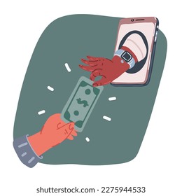 Cartoon vector illustration of Creative collage. Hand giving money symbolizing online payment. Contactless payment. Concept of online shopping, salary, finance, apps, network