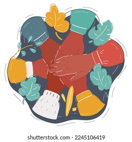 Cartoon vector illustration of Creative Colorful Ring of Hands Teamwork Concept