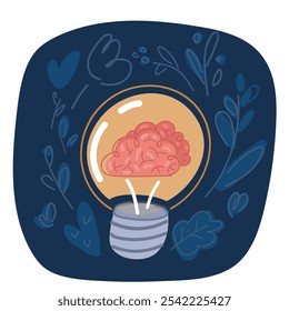 Ilustração vetorial de desenhos animados da ideia criativa. Cérebro na lâmpada. Sinal fino de inovação, solução, logotipo educacional sobre fundo escuro