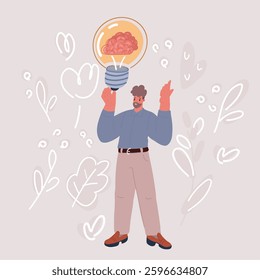 Cartoon vector illustration of Creative new idea. Innovation, brainstorming, inspiration and solution concepts. The man is holding light bulb.