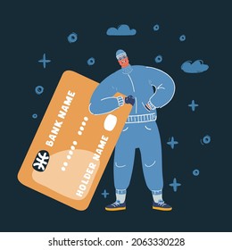 Cartoon vector illustration of credit card thief on dark backround.