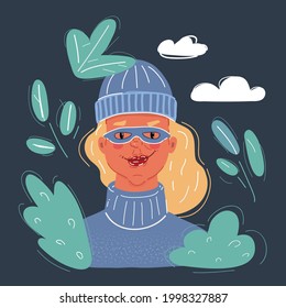 Cartoon vector illustration of Criminal woman wearing mask beany hat on dark.