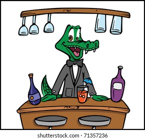 cartoon vector illustration of a crocodile bartender