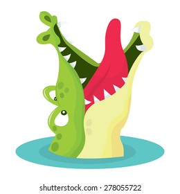 A cartoon vector illustration of a crocodile in water with mouth wide open waiting to be fed.